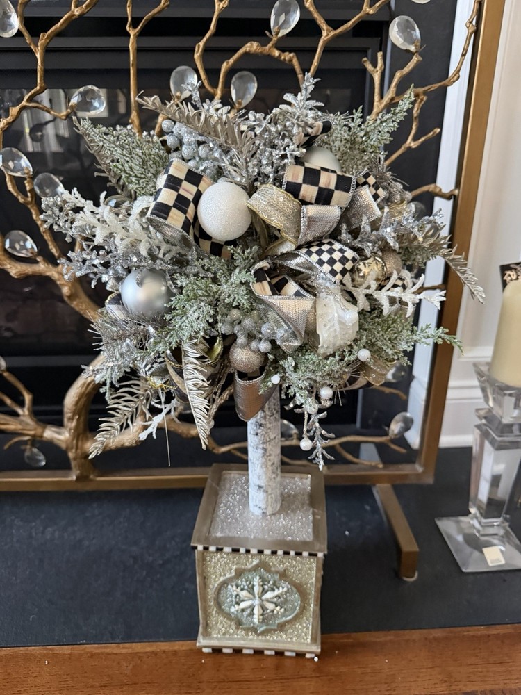 Retired Mackenzie Childs Courtly Check Silver Lining topiary floral NIB