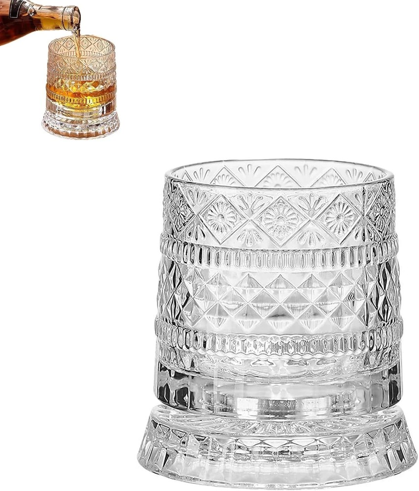 Spinning Whiskey Glasses Set, 360 Degree Rotating Old Fashioned Crystal Tumbler