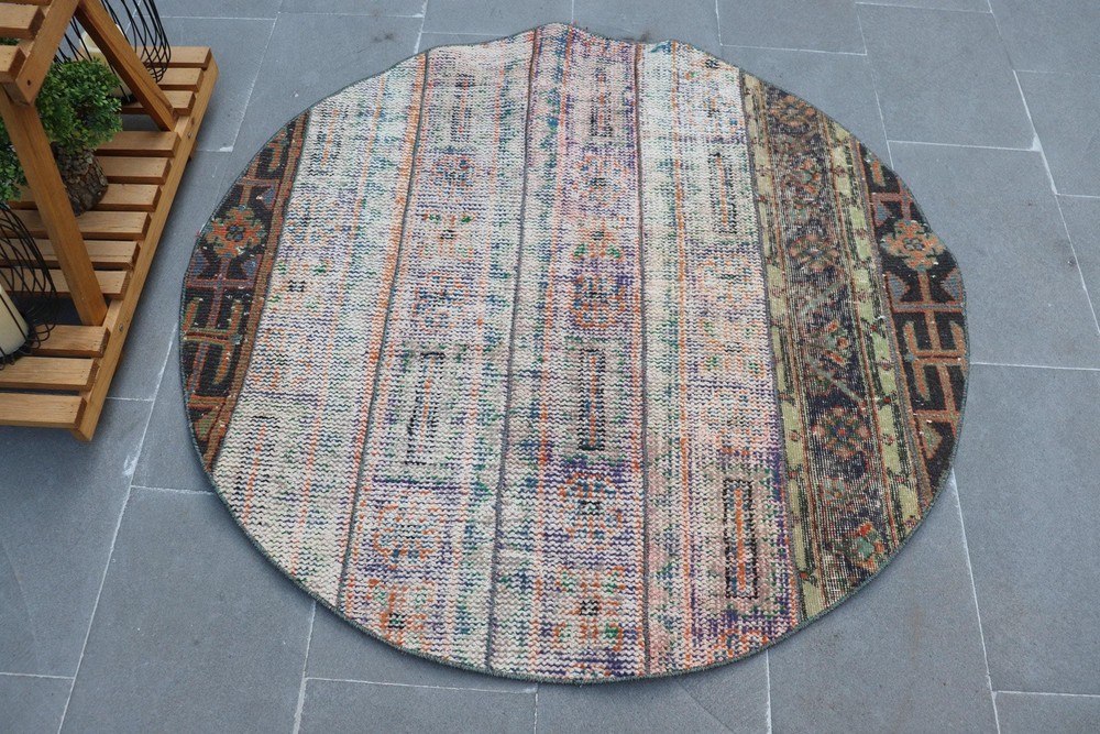4x4 ft Vintage Turkish Rug, Round Rug, Blue Ombré Rug