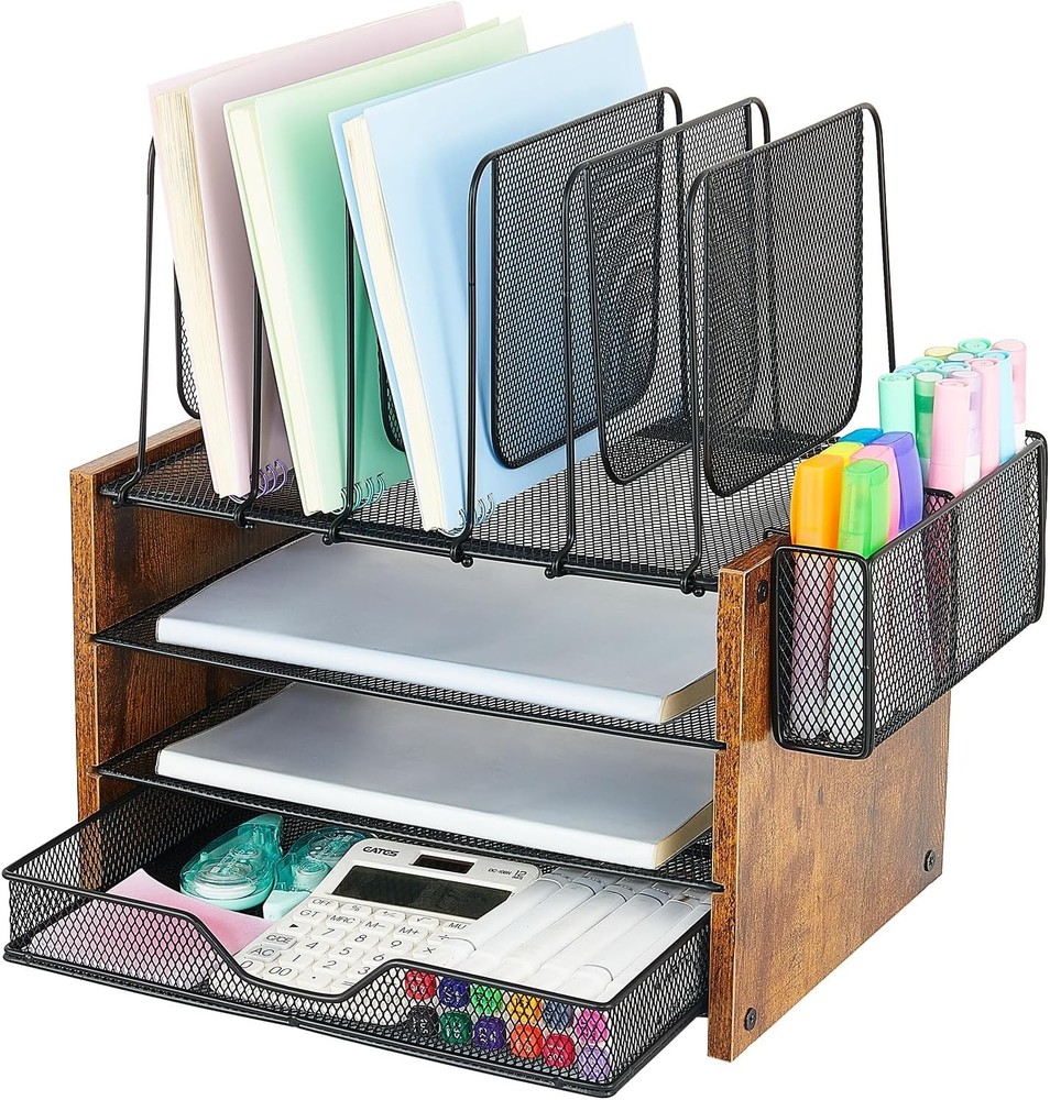 3-Tier Brown Wood Desk Organizer with Drawer and Storage Accessories