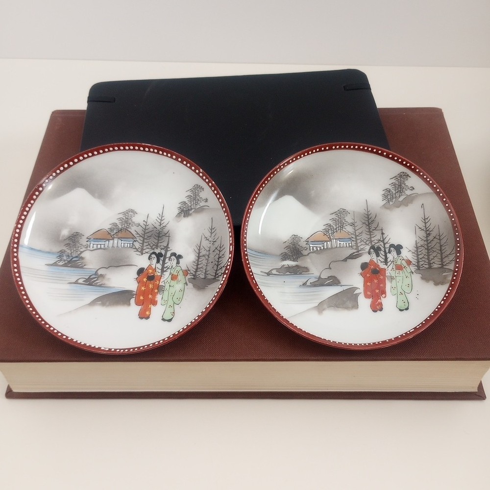 Vintage Japanese Porcelain Saucers - Set of 2 - Hand-Painted Geisha Design 5