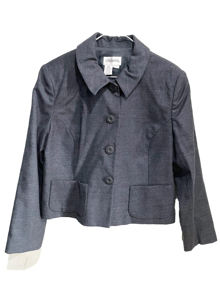 Womens Chadwick's Gray Wool Jacket Blazer Coat Size 12P Button Pockets