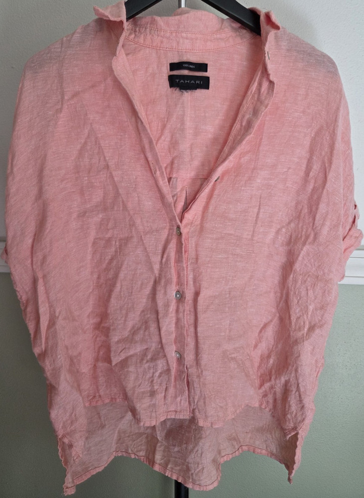 Tahari Pink 100% Linen Collared Button-Up Short Sleeve Blouse