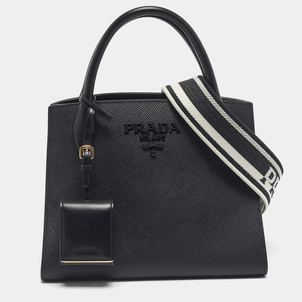 Prada Black Saffiano Cuir Leather Small Monochrome Tote