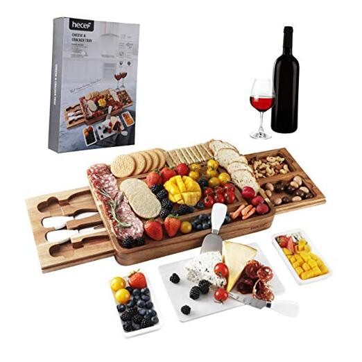 Acacia Wood Square Cheese Board Set with 2 Slide-Out White Knives-image