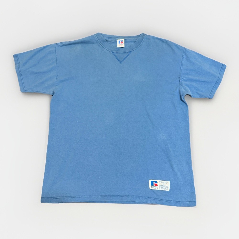 Vintage 90s Russell Athletic High Cotton Blue T Shirt Large Made In USA
