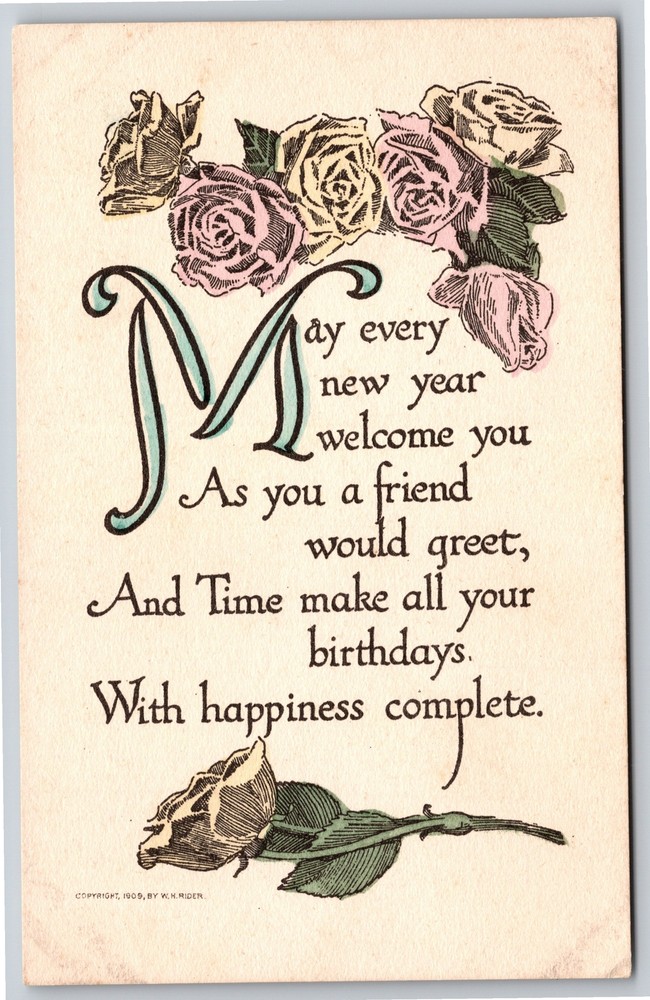 Greetings~Pink & Yellow Roses New Year Greeting~Vintage Postcard
