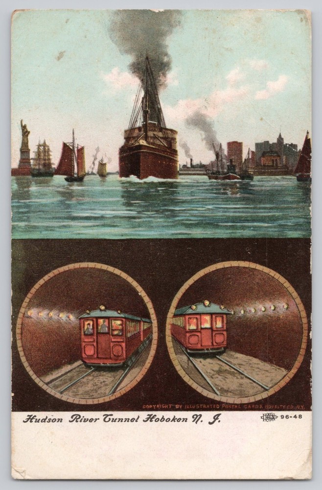 Hudson River Tunnel Hoboken New Jersey NJ Train Ships 1908 Antique Postcard