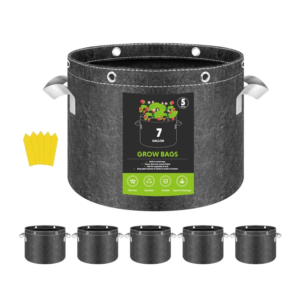 7 Gallon 5 Pack Plant Grow Bags, 400G Thick Nonwoven Fabric Pots with Multi-P...