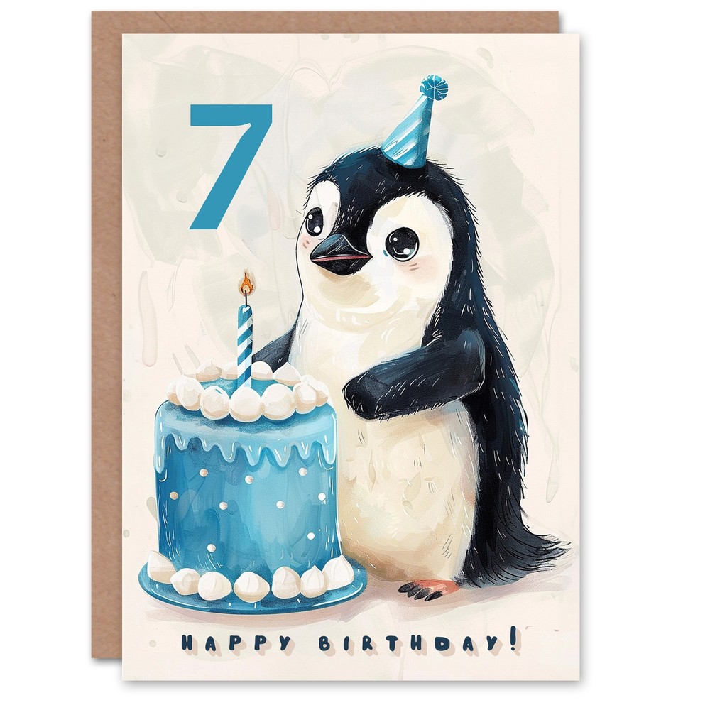 7th Birthday Card Cute Baby Penguin Cake Cartoon Kids Age 7 Year Old Child