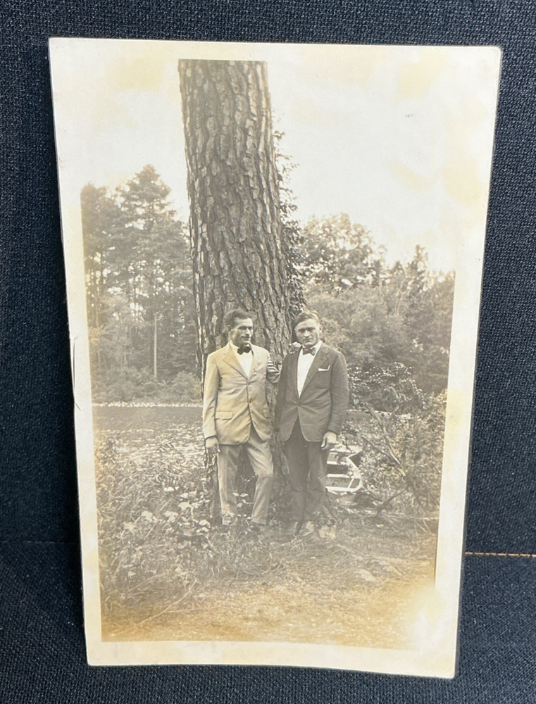 Vintage Postcard Boat Tree RPPC 2 Handsome Men Posing Gay Interest Gorgeous