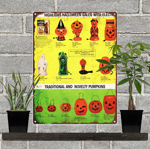 Vintage Halloween Blow Mold Advertising Ad Baked Metal Repro Sign 9 x 12 60130