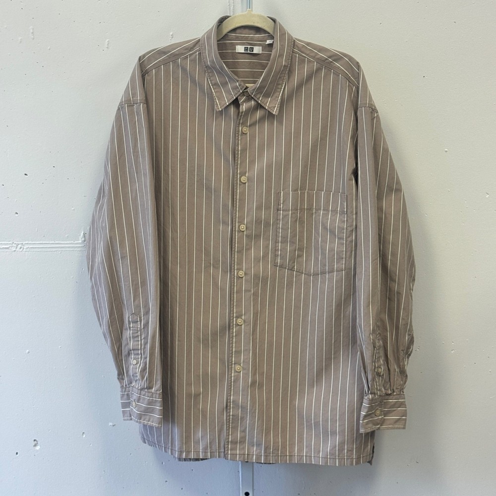 Uniqlo U Lemaire Men's Large Striped Button Down Shirt Taupe White 465730 L