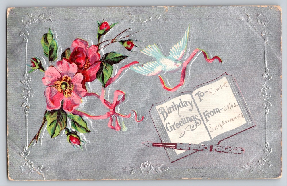 Greetings~Pink Flowers Pen Dove & Ribbon Birthday Greeting~Vintage Postcard