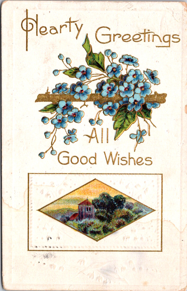 Vintage Postcard Hearty Greetings Blue Flowers And Scenic Design