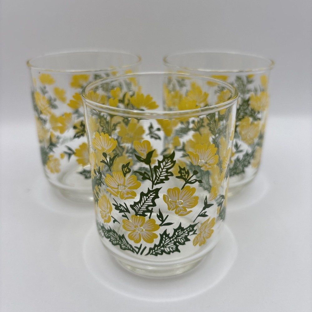 Vintage Libbey M. Dia Juice Glasses Set of 3 with Yellow Floral Greenery