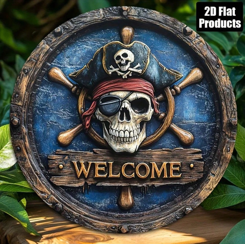 WELCOME Tin Pirate Metal Sign 8x8 Inch Round 2D Flat Aluminum Art Wall Decor For