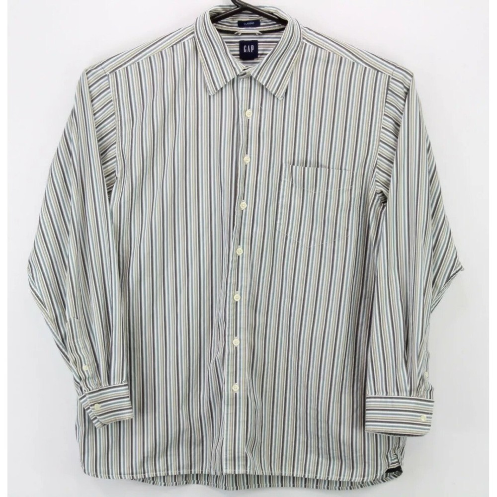 GAP Classic Fit Long Sleeve Striped Button Down Shirt Mens XL Blue Gray White