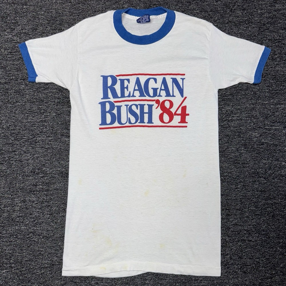 Vintage 80s RARE Reagan Bush Presidential Campaign White Ringer T-Shirt Sz M