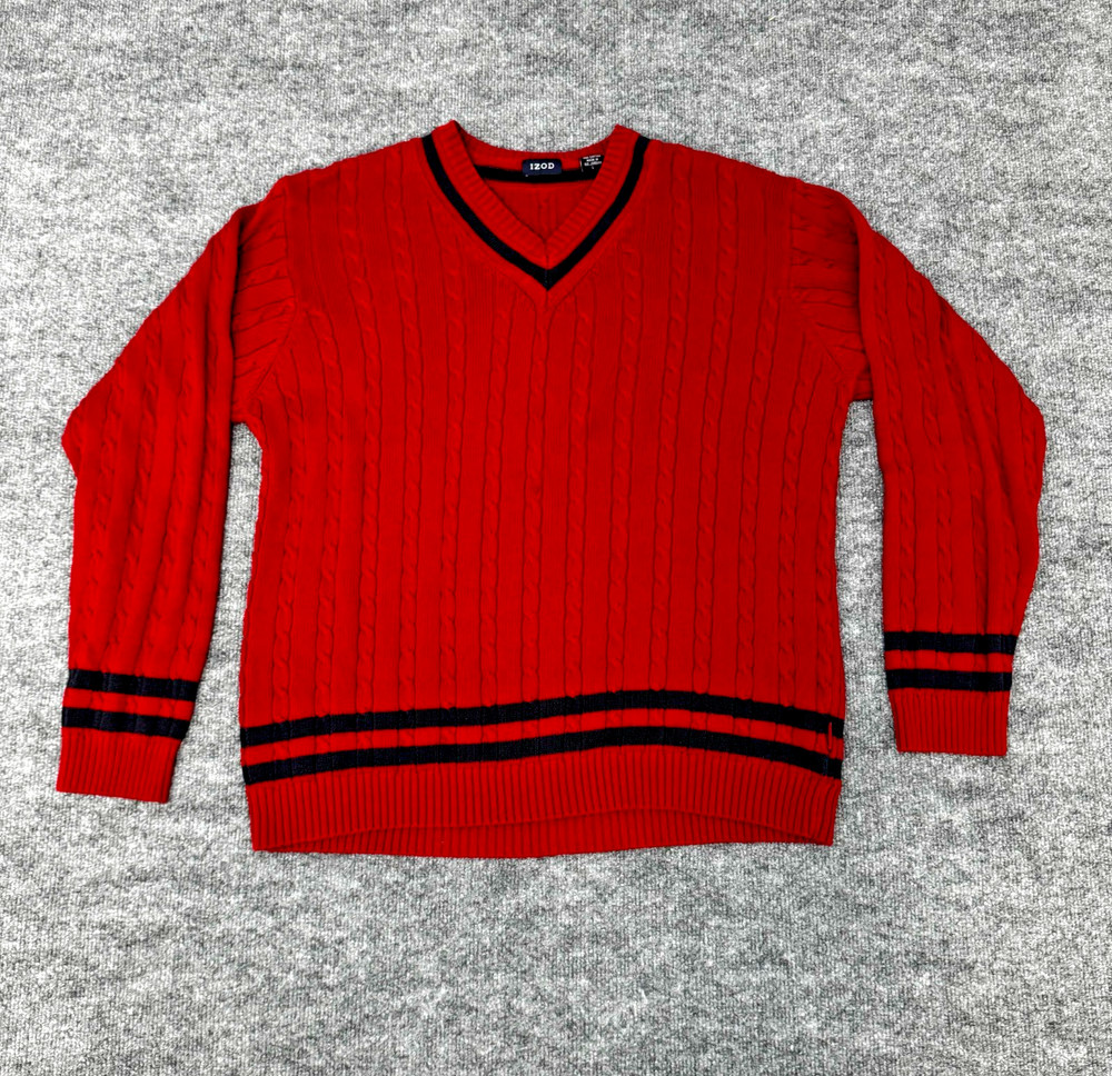 IZOD Vintage Red Cotton Cable Knit V Neck L Pullover Sweater Preppie Cricket