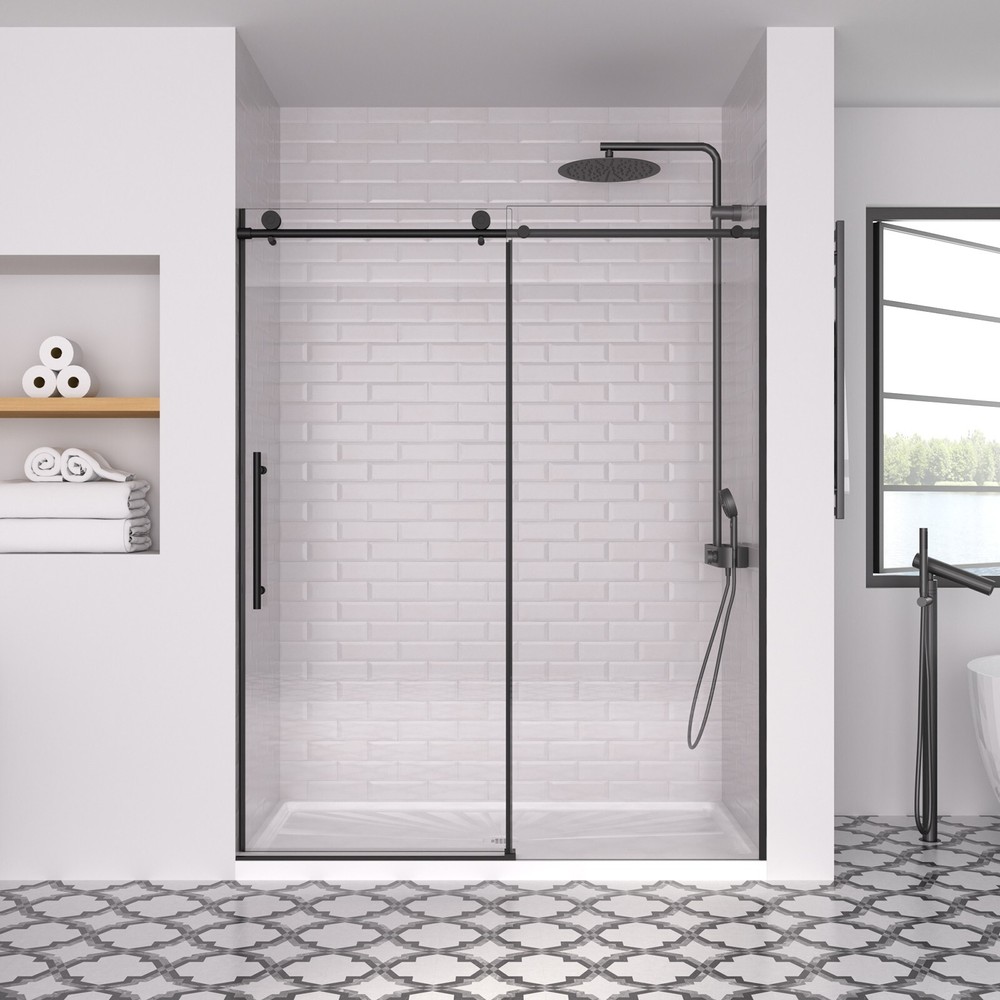 ACE DECOR 56-60 Inch Matte Black Sliding Shower Door 74H 8mm Glass-image