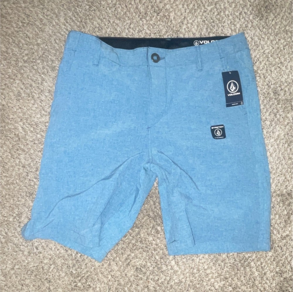Volcom Chino Shorts Blue Stretch Flat Front Button Closure Logo Accent