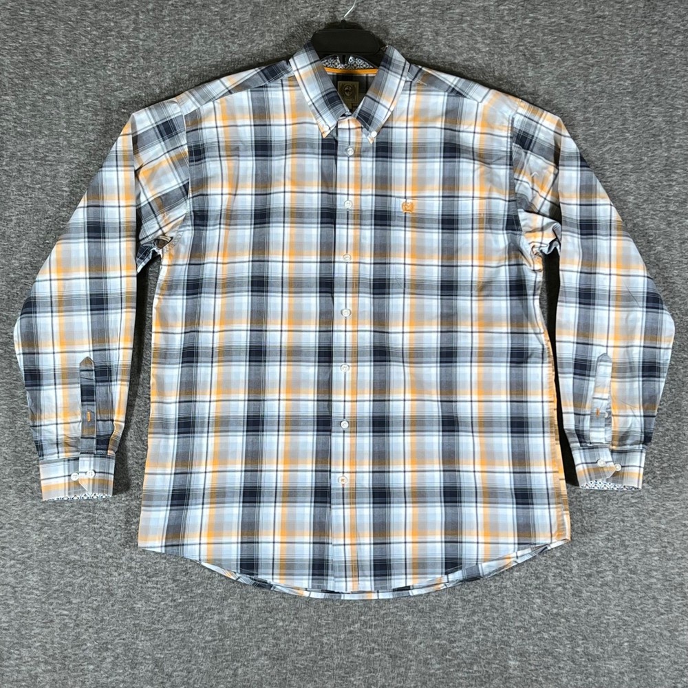 CINCH Mens Long Sleeve Plaid Button Down Shirt Orange Blue Grey Size L
