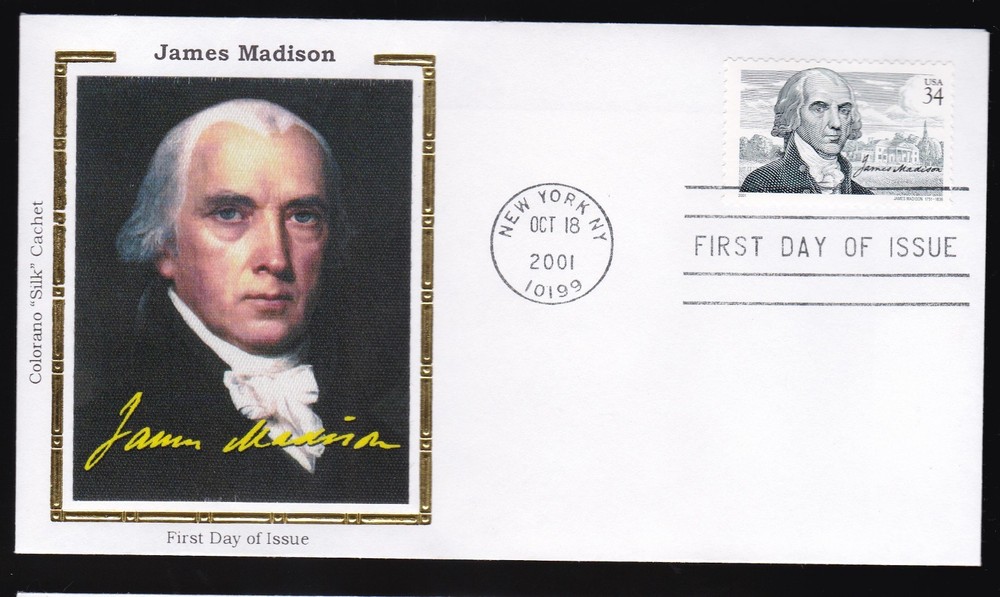 James Madison #3545 Us First Day Cover 2001, Colorano Silk Cachet Fdc