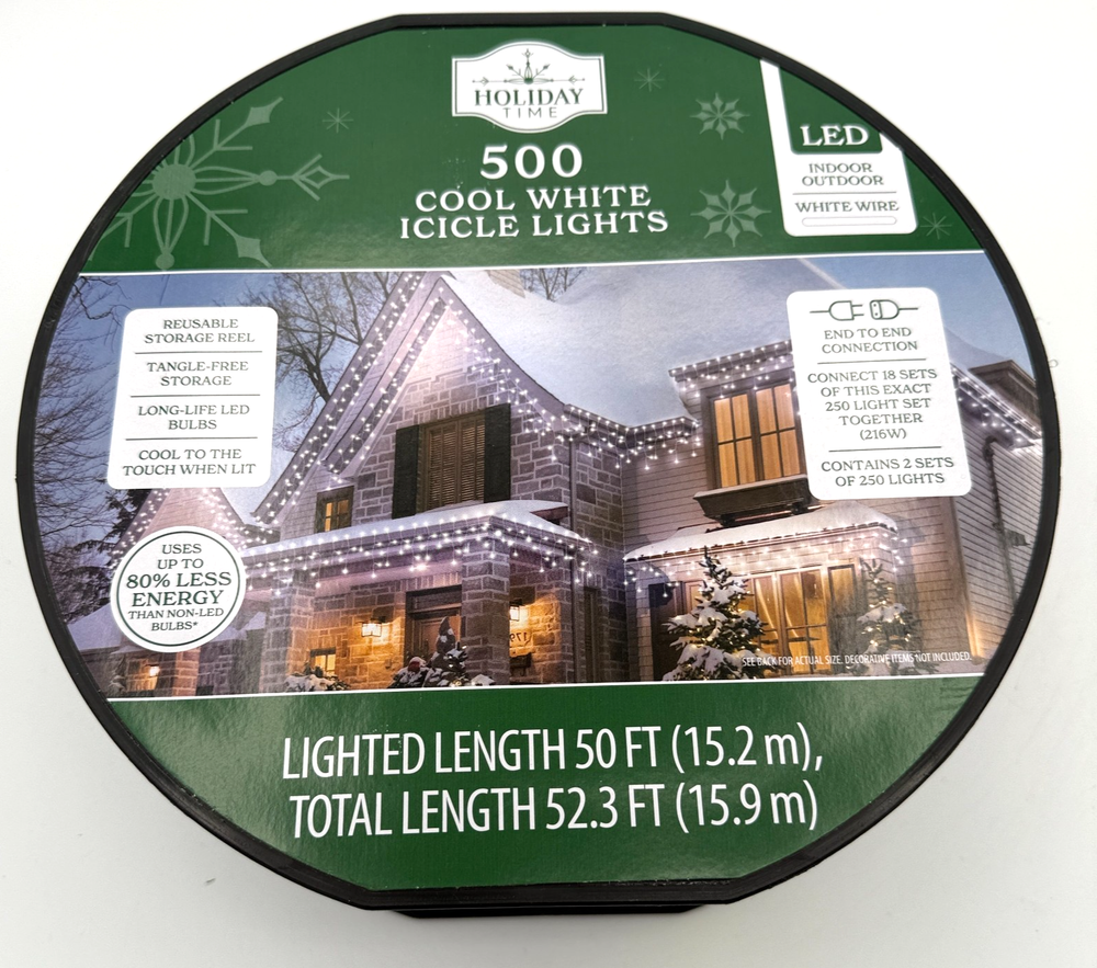 Holiday Time 500-Count COOL White LED Dome Icicle Lights with White Wire