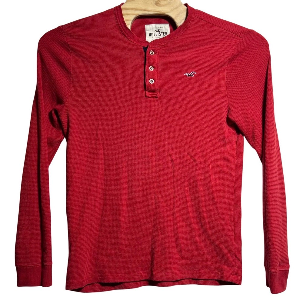 Hollister Mens Red Waffle Knit Long Sleeve Henley Shirt Medium Logo Thermal