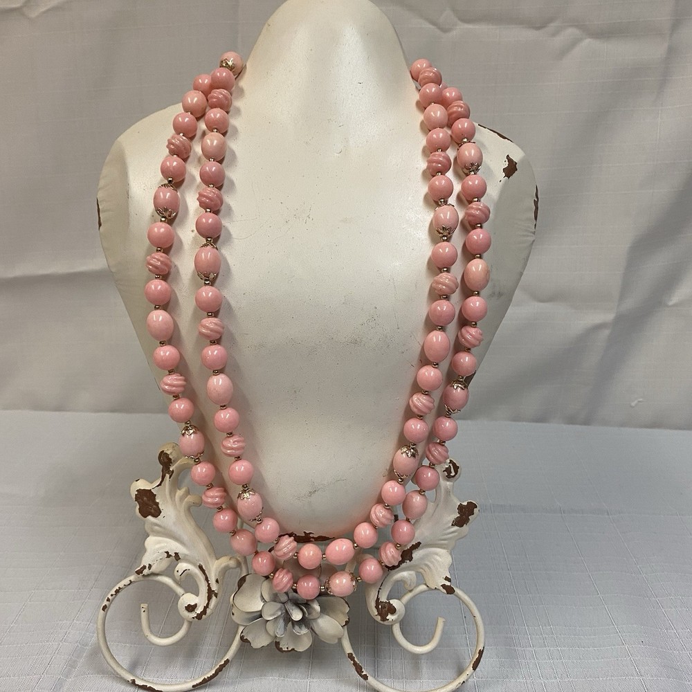 Pink Double Strand Necklace Vintage Hong Kong Textured Beaded Chunky Jewelry