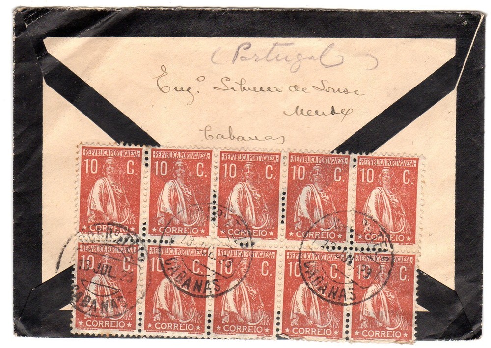 PORTUGAL 1933 US CONSOLATION COVER FRANKED BLOCK OF 10 10c CERES CABANAS CDS