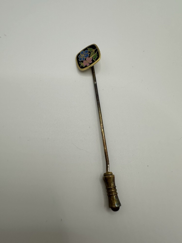Vintage Gold Tone Cloisonné Floral Stick Hat Pin