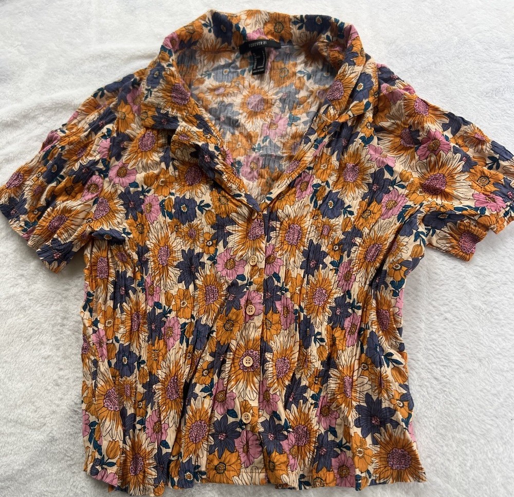 Forever 21 Womens Floral Pleat Shirt Size L Buttons Bloomcore Boho Hippie Color