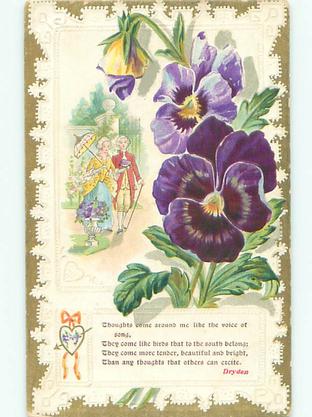 Pre-Linen Dryden Quote with Purple Pansy Flowers and Couple - Clearance J0507