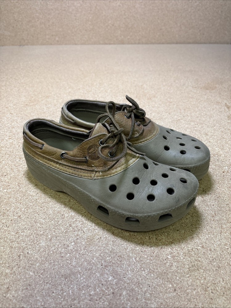 Crocs Islander Pitcrew Boat Shoes Mens 9 Mule Tan Leather Accent Lace Up