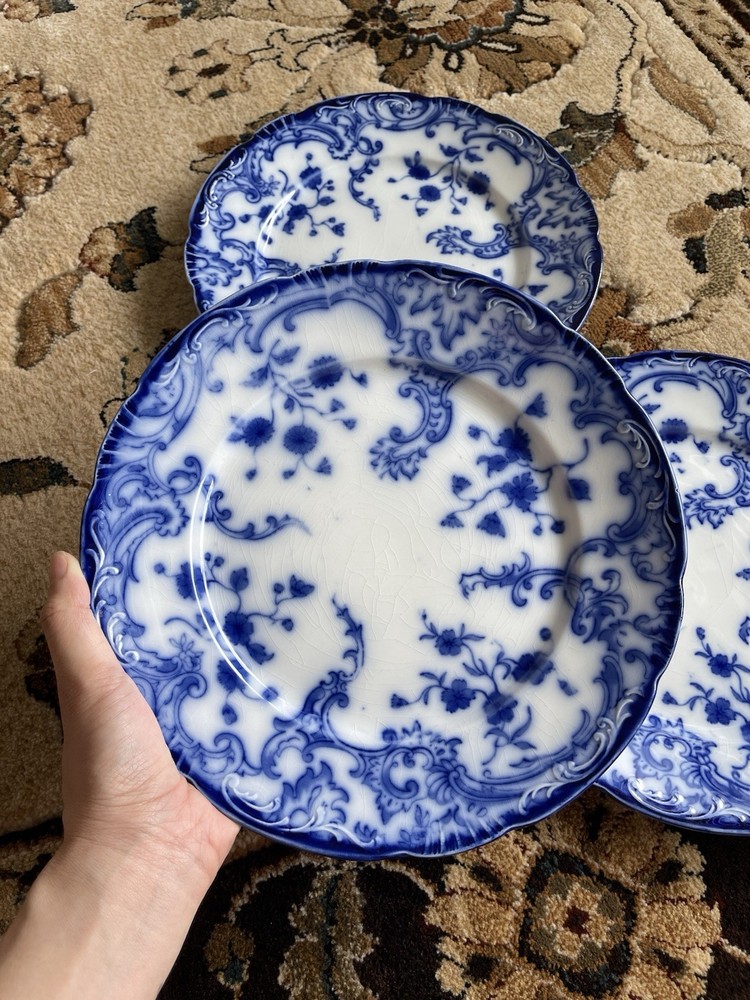 W.H. Grindley “Marie” Flow Blue Dinner Plates set of 3 - 9.75” w/ Crazing