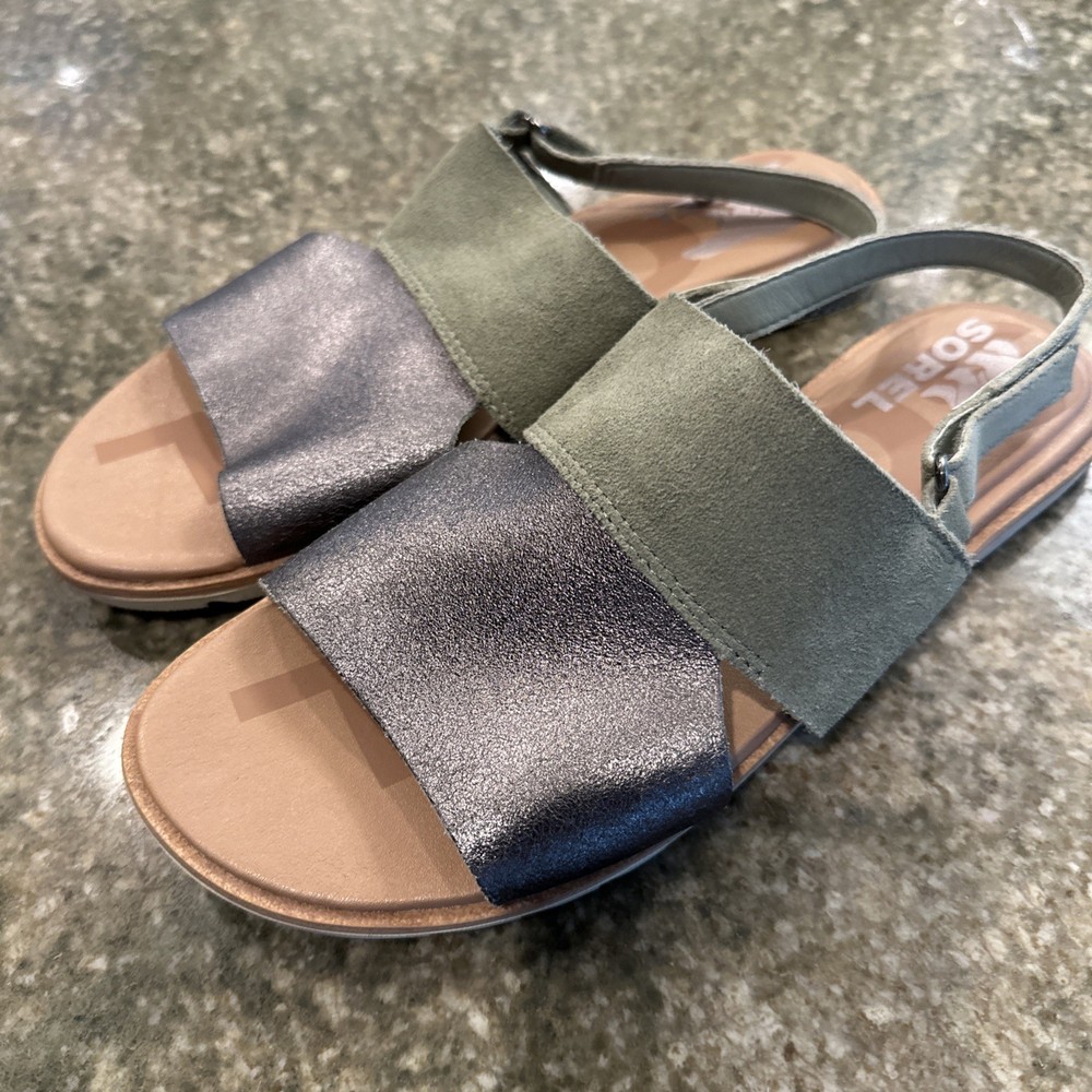 SOREL Ella II Green Chalk Silver Metallic Slingback Sandal Size 7
