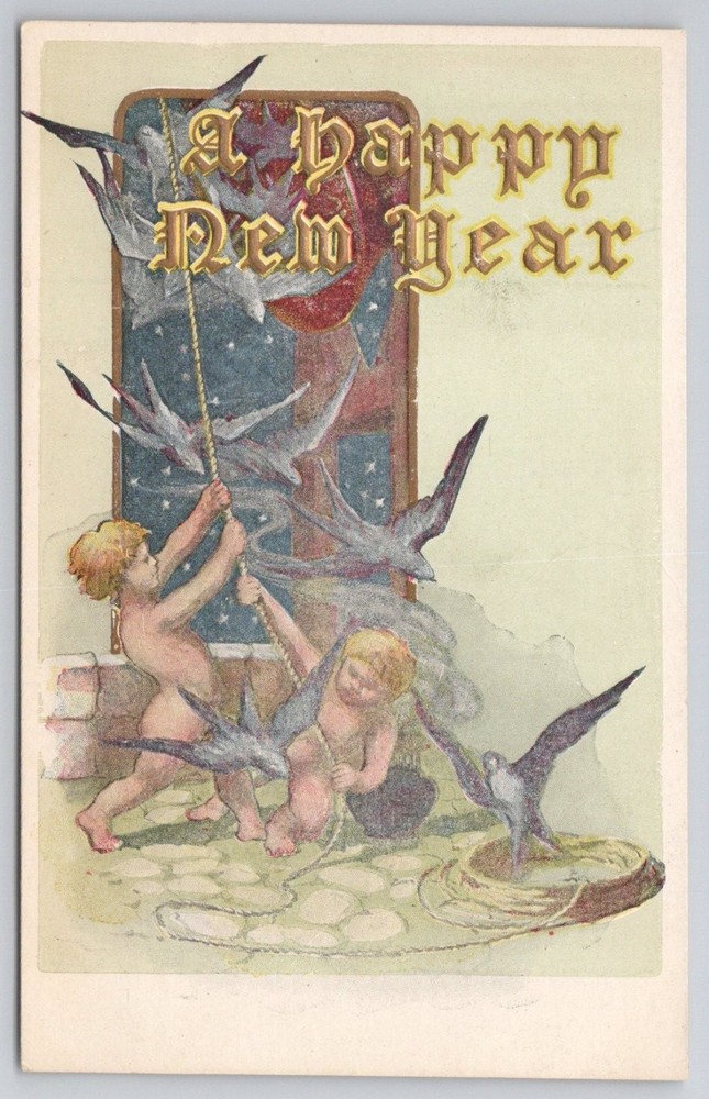 A Happy New Year Cherubs Swallows Embossed Antique Postcard Early 1900s