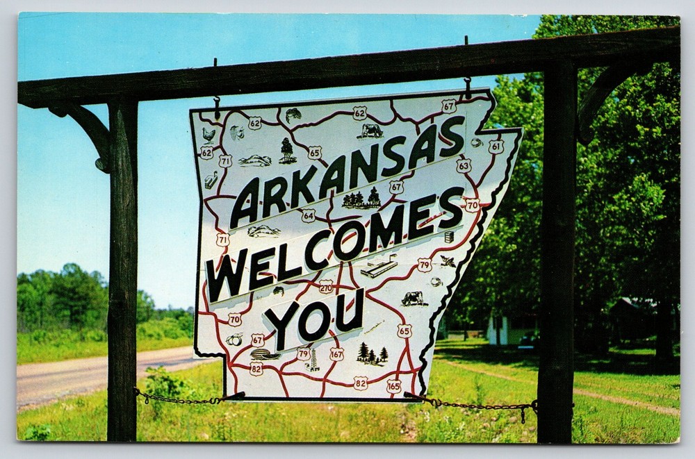 Sign~Arkansas Welcomes You~State Map~Hwys~Roadside View~House~1950s Postcard