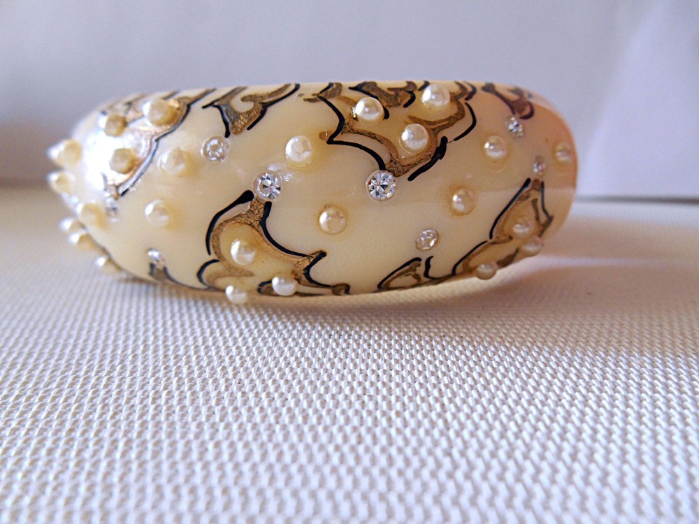 Beige Multi-color Rhinestone & Faux Pearl Hinged Cuff Bracelet