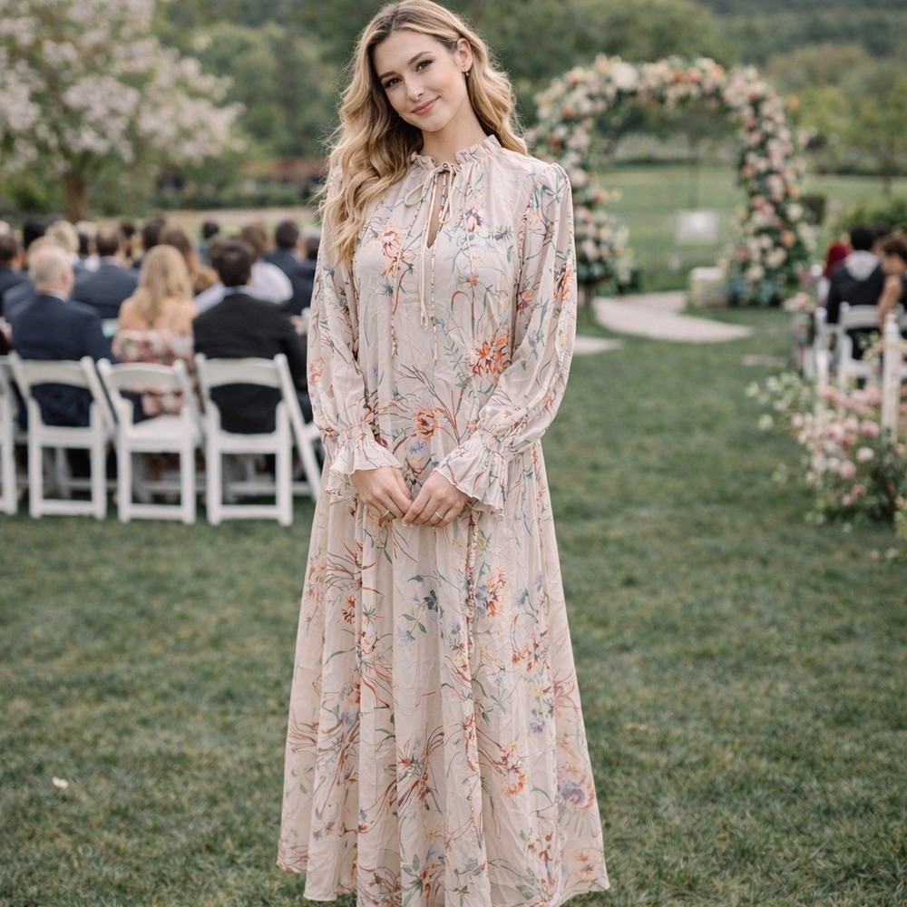 H&M Floral Ruffle Maxi Dress Long Sleeve Tie Neck Sheer Chiffon Pink L