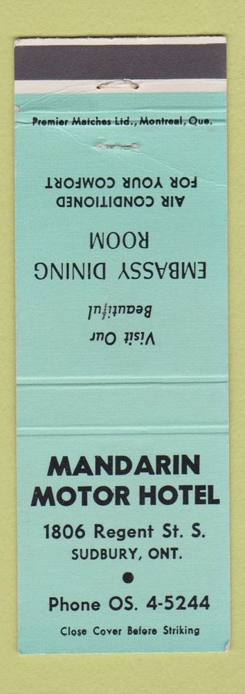 Matchbook Cover - Mandarin Motor Hotel Sudbury ON