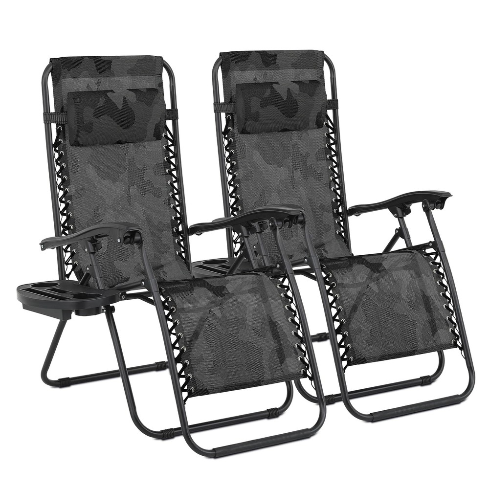 Adjustable Camo Reclining Camping Chairs Set of 2 Foldable Fabric Lounge Chairs