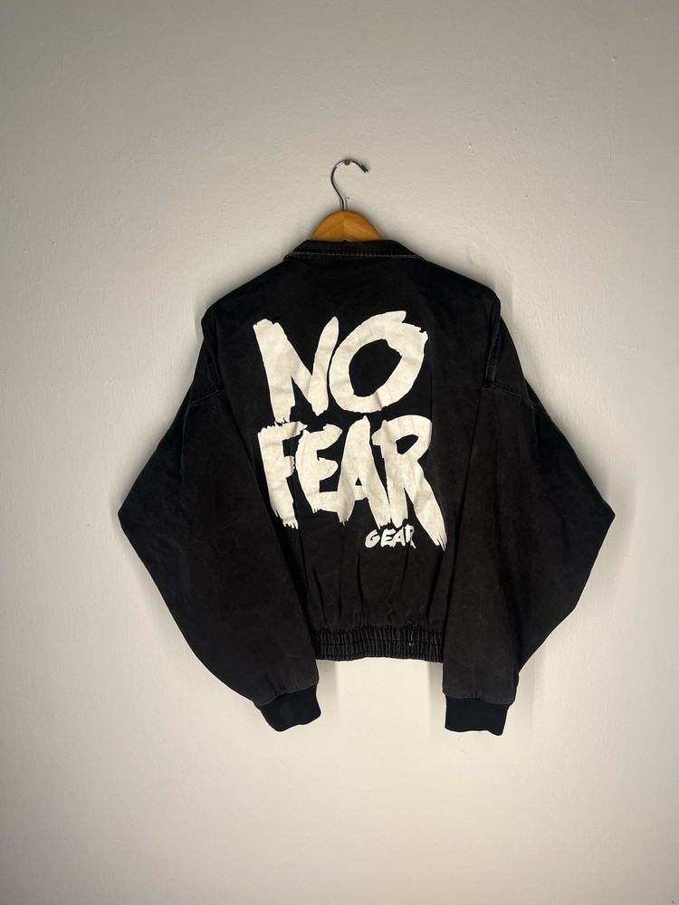 No Fear Gear Vintage 1990s Black Denim Bomber Jacket – Size L Rare Streetwear