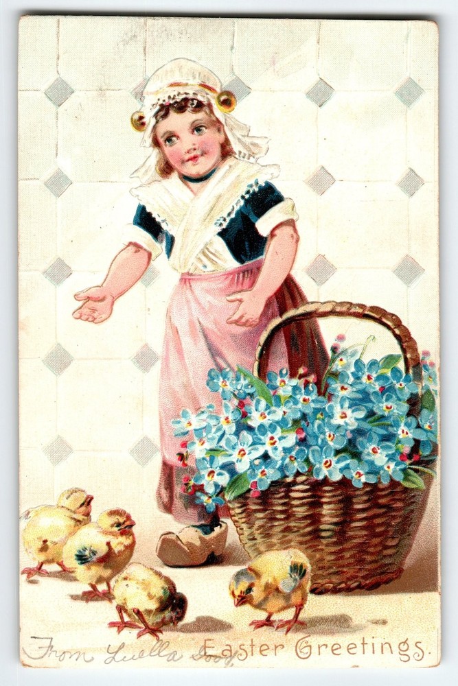 Vintage Easter Postcard Little Girl with Basket of Flowers and Chicks