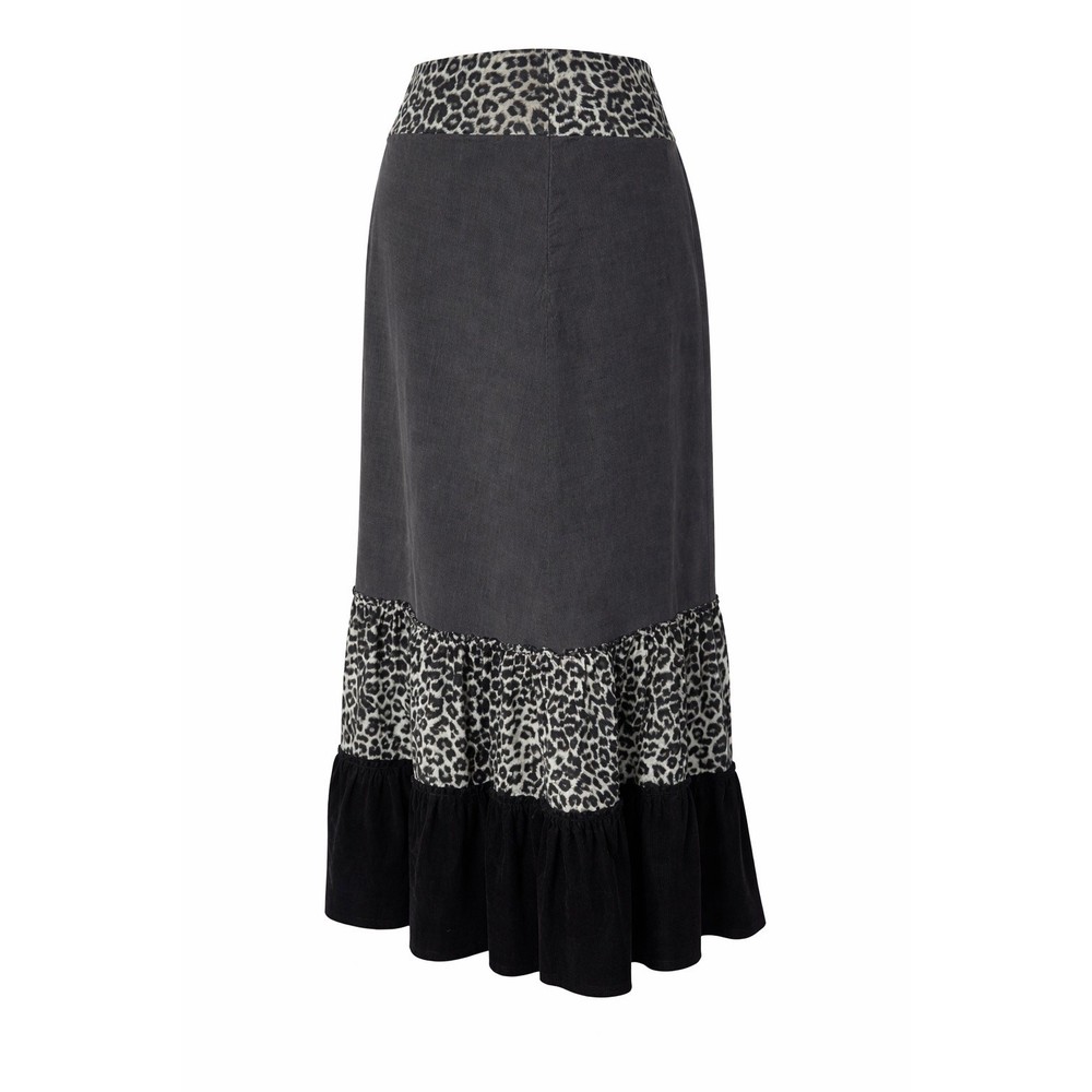 100% Cotton Lapis Black Maxi Skirt Leopard Print Trim Ruffle Hem Y2K Boho Chic