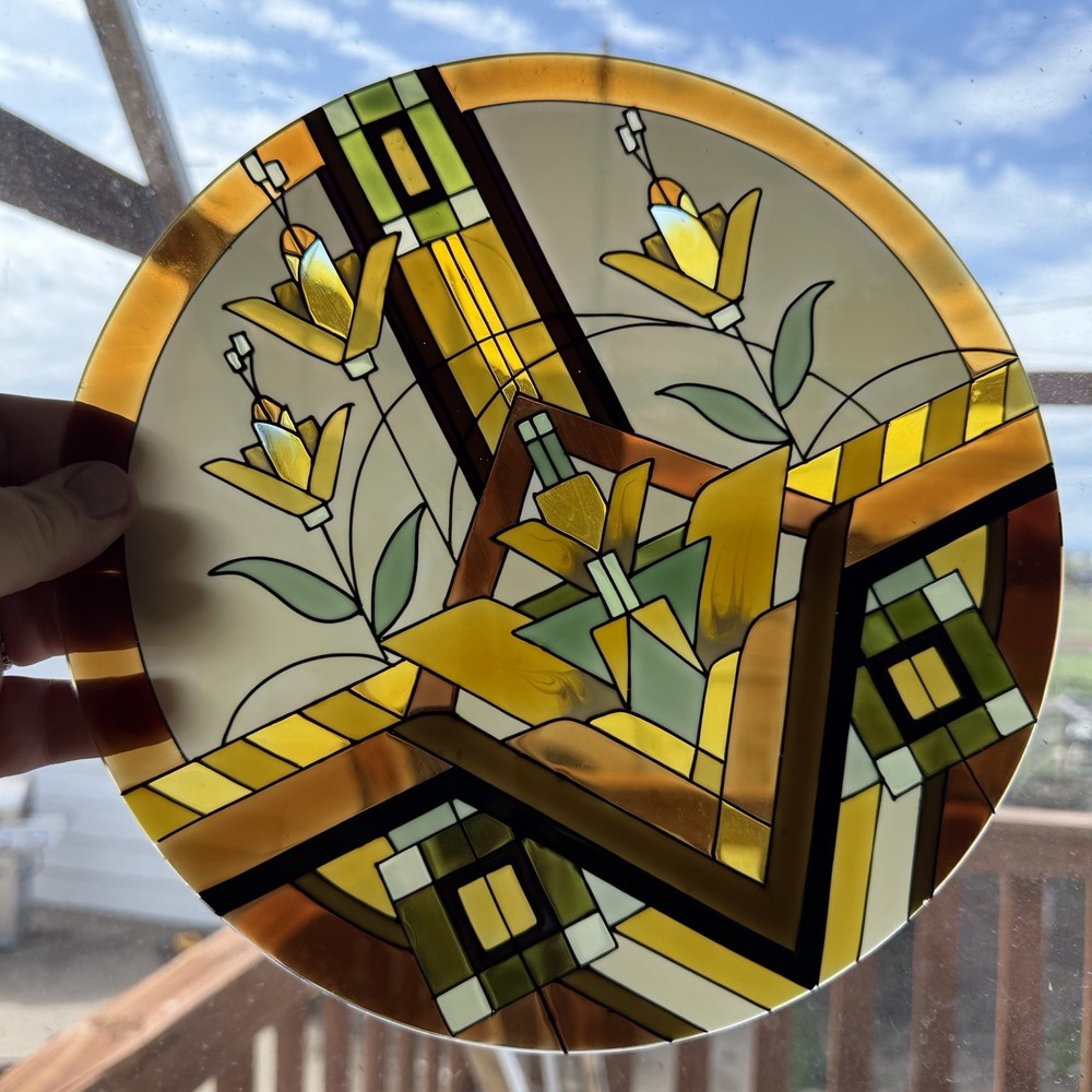 Vtg Mission Style Stained Glass Suncatcher Window Panel Cottagecore Geometric