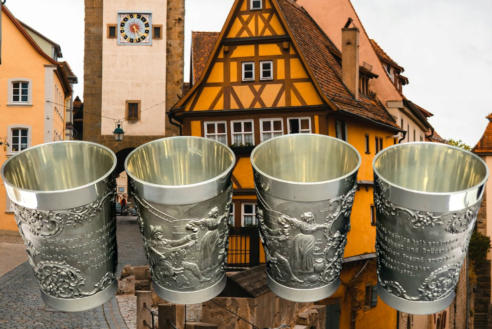Germany Pewter Cups Set of 4 ES Brand Marked Angel Symbol for Lead Free Vintage