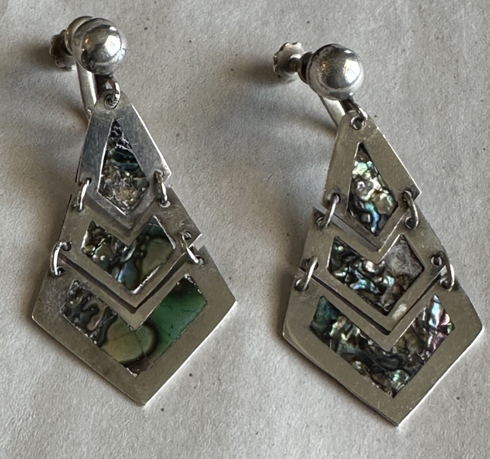 Vintage Taxco Sterling Silver Eagle 3 Hinged Abalone Screw back Dangle Earrings